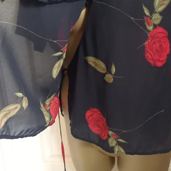 Size 12 Quite Sheer Unusual Collar Rose Print Chiffon Wrap Top - Picture 4 of 9